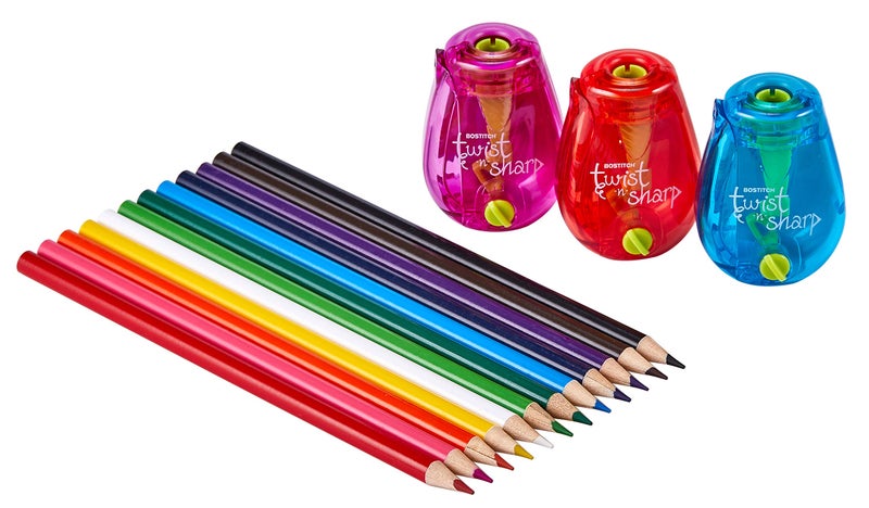 Bostitch Office Twist-N-Sharp Manual Pencil Sharpener, 3-Pack with 12 Colored Pencils for Kids Activities or Adult Coloring - Image 1