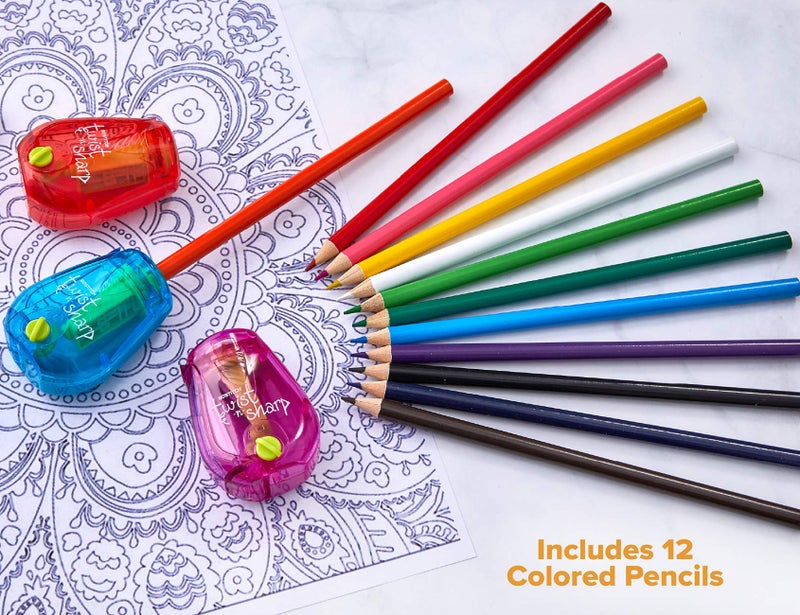 Bostitch Office Twist-N-Sharp Manual Pencil Sharpener, 3-Pack with 12 Colored Pencils for Kids Activities or Adult Coloring - Image 2