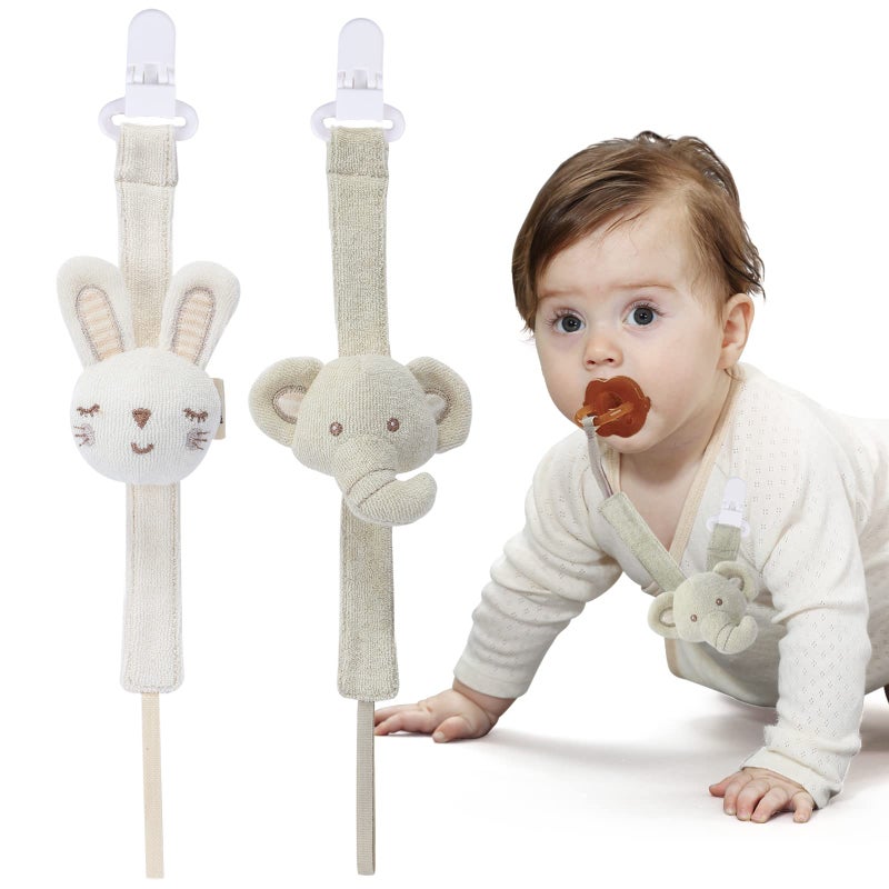 COTTONBEBE Pacifier Clip 2 Pack Baby Pacifier Holder for Boys and Girls Fits Many Pacifiers Baby Teething Toys Ideal Baby Gift ElephantRabbit