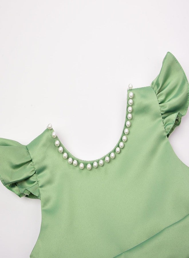 Uhnice Flower Girl Pearl Dress Flutter Sleeve V-Back Satin Dress with Bowknot for Wedding Birthday Party, Green, 3-4 Years - Image 3