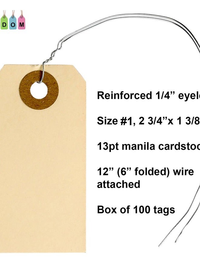 EZDOM Manila Shipping Tags with Wire #1-2 3/4” x 1 3/8” - Box of 100 Paper Tags with Wire Ties Attached and Reinforced Hole, Small Pre-Wired Shipping Tags - Image 2
