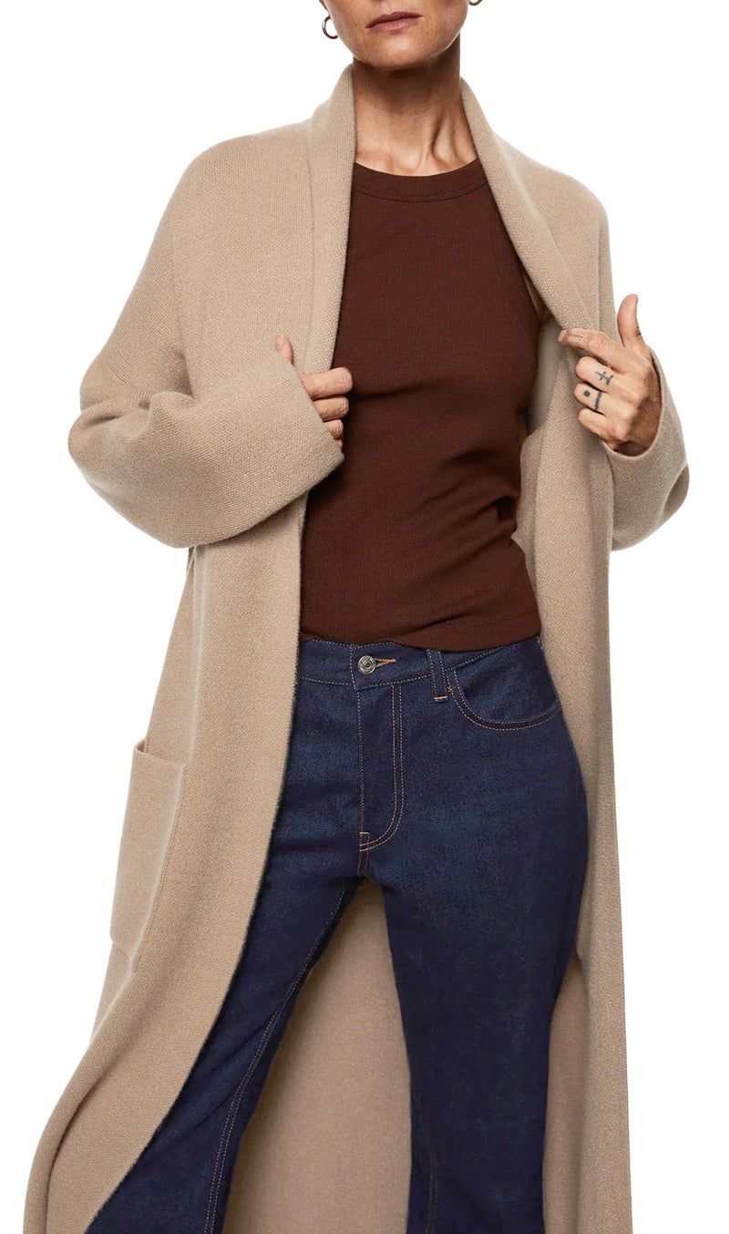Fazortev Womens Long Sleeve Maxi Cardigan Open Front Oversized Knitted Sweater Coat Casual Lapel Warm Overcoat with Pockets Beige - Image 2