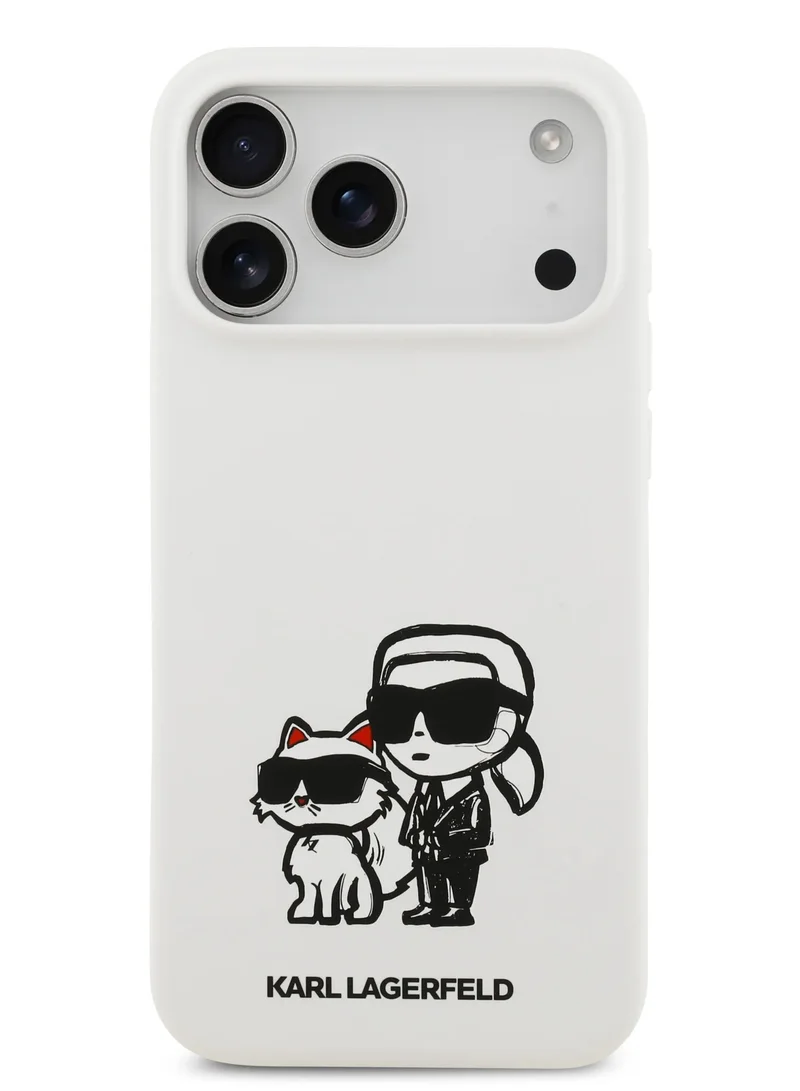 Karl Lagerfeld iPhone 17 Pro Max Liquid Silicone Case with Karl & Choupette Sketch / Drop Protection / Easy Snap-On / Slim Profile / Light Weight / Back Cover- White