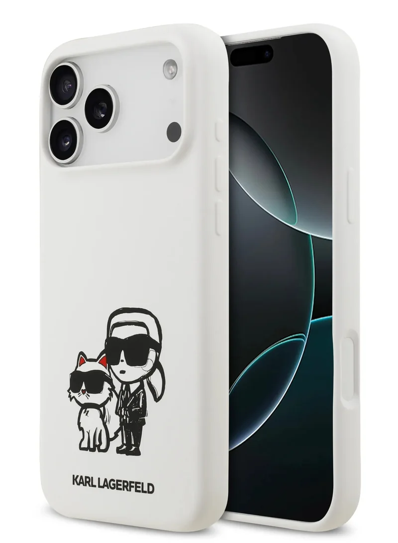 Karl Lagerfeld iPhone 17 Pro Max Liquid Silicone Case with Karl & Choupette Sketch / Drop Protection / Easy Snap-On / Slim Profile / Light Weight / Back Cover- White