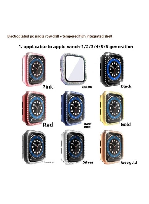 مناسبة لساعة أبل الواقية من الجيل Iwatch1/2/3/4/5/6 حافظة ماسية بصف واحد + طبقة مقسى - اللون: وردي - البعد الخارجي: 42 مم