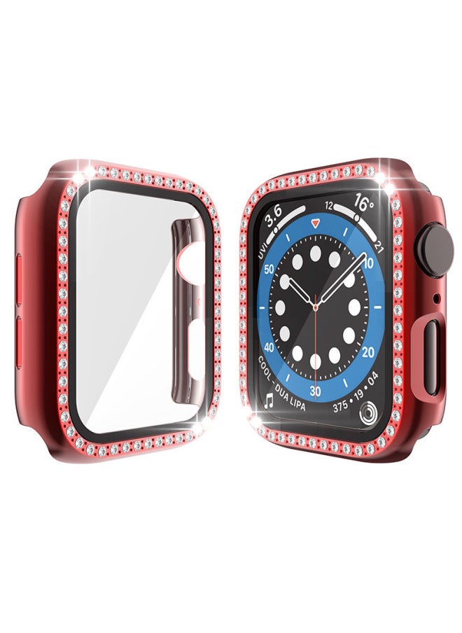 مناسبة لساعة أبل الواقية من الجيل Iwatch1/2/3/4/5/6 حافظة ماسية بصف واحد + طبقة مقسى - اللون: وردي - البعد الخارجي: 42 مم