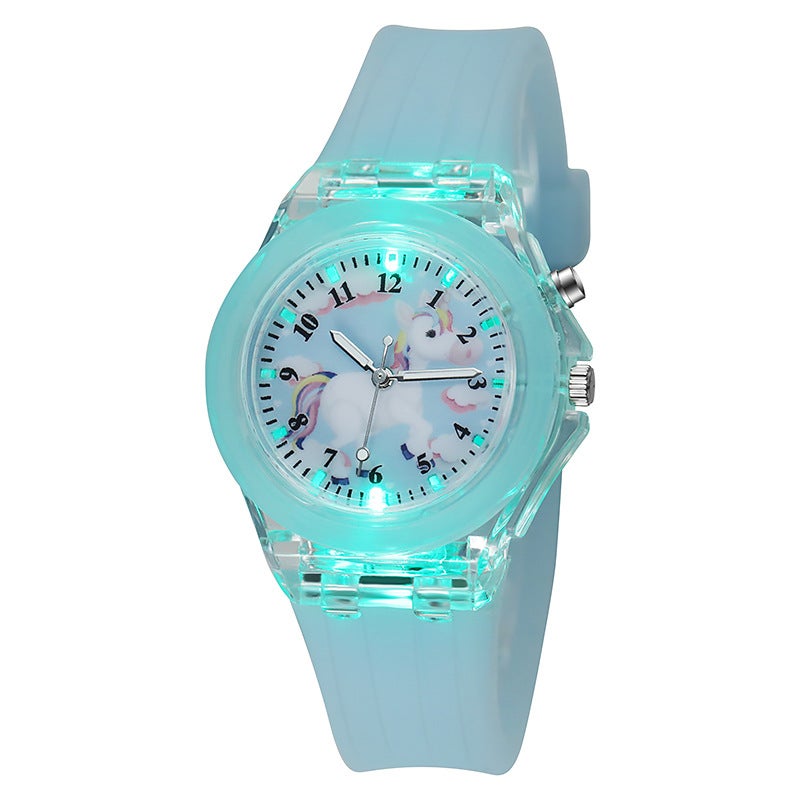 Cartoon Unicorn Kids Watch Glowing Quartz Light green  - Image 2