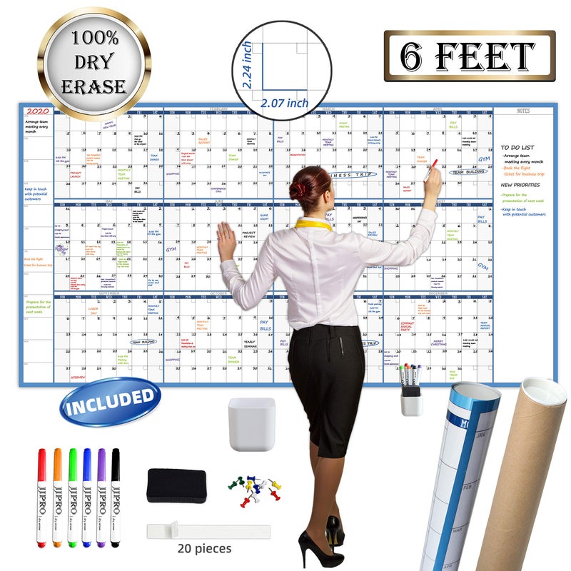 JJPRO تقويم حائط كبير قابل للمسح الجاف - 38" × 72" - تقويم سنوي فارغ قابل لإعادة الاستخدام - ملصق سنوي عملاق من السبورة البيضاء - تقويم مكتبي ضخم لمدة 12 شهرًا مُغلف - Image 1
