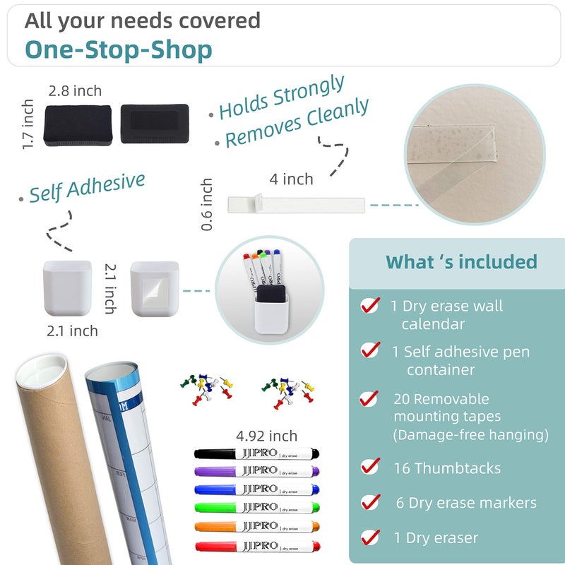 JJPRO تقويم حائط كبير قابل للمسح الجاف - 38" × 72" - تقويم سنوي فارغ قابل لإعادة الاستخدام - ملصق سنوي عملاق من السبورة البيضاء - تقويم مكتبي ضخم لمدة 12 شهرًا مُغلف - Image 2