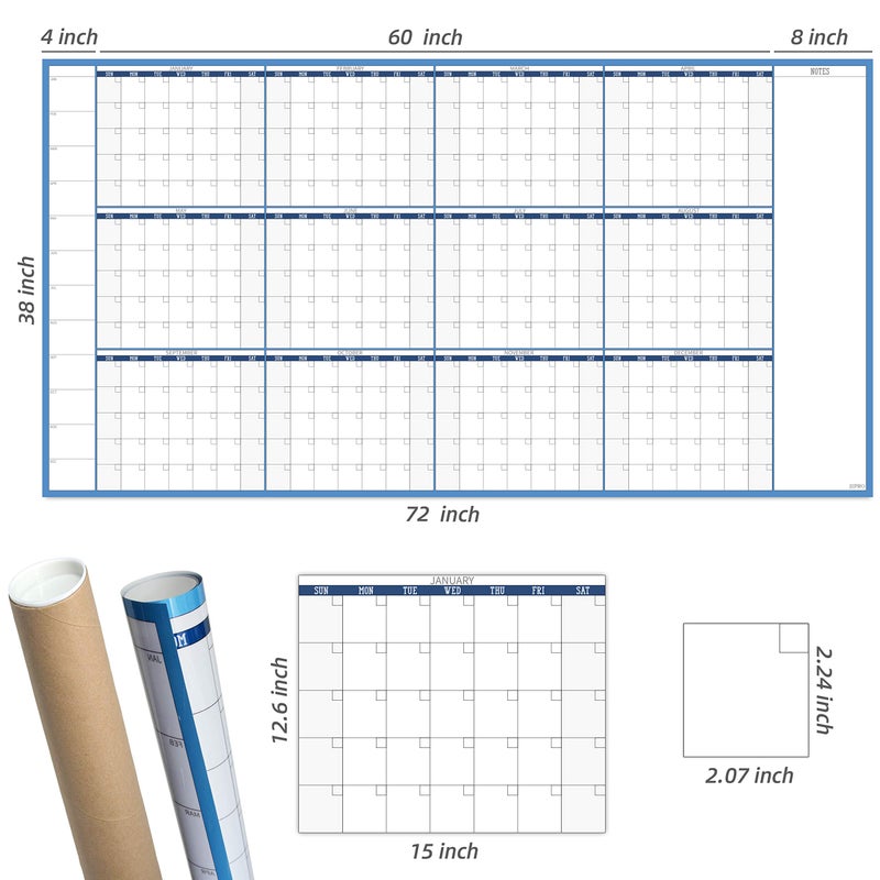 JJPRO تقويم حائط كبير قابل للمسح الجاف - 38" × 72" - تقويم سنوي فارغ قابل لإعادة الاستخدام - ملصق سنوي عملاق من السبورة البيضاء - تقويم مكتبي ضخم لمدة 12 شهرًا مُغلف - Image 3