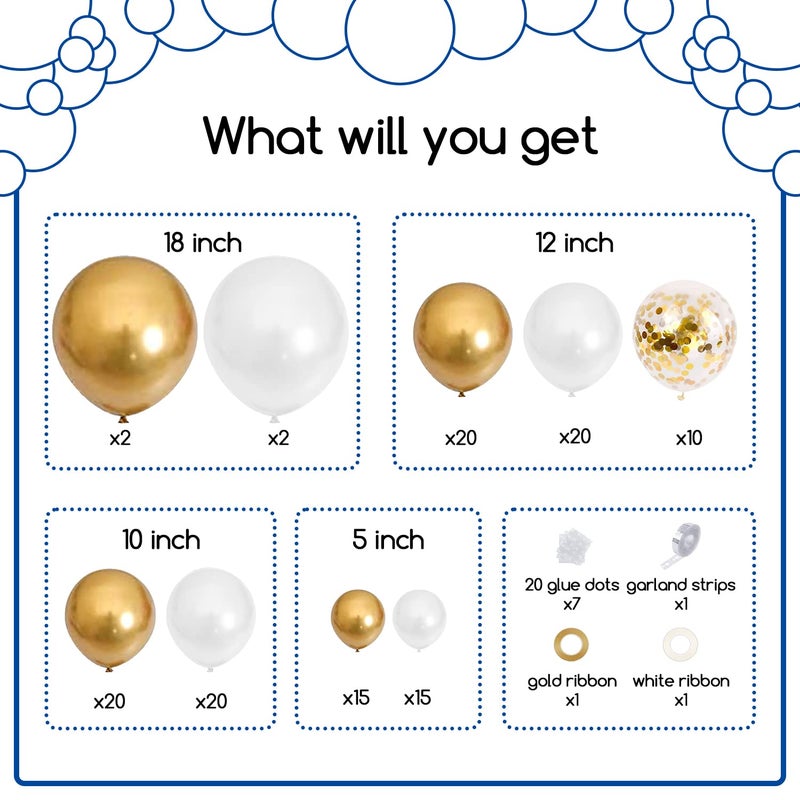 COKAOBE White and Gold Balloons Garland Kit, 124pcs White Metallic Gold Confetti Balloon Arch Kit for Wedding, Engagements Birthday Graduation Baby Shower Celebrations Anniversary Party Decorations - Image 2