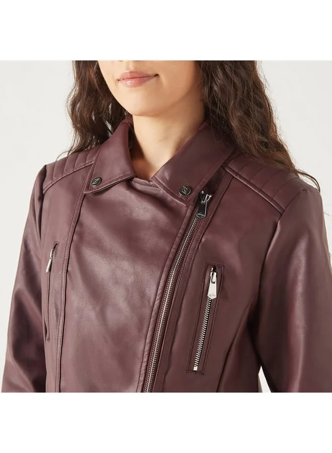 Lee Cooper Lee Cooper Solid Biker Jacket with Zip Closure and Pockets