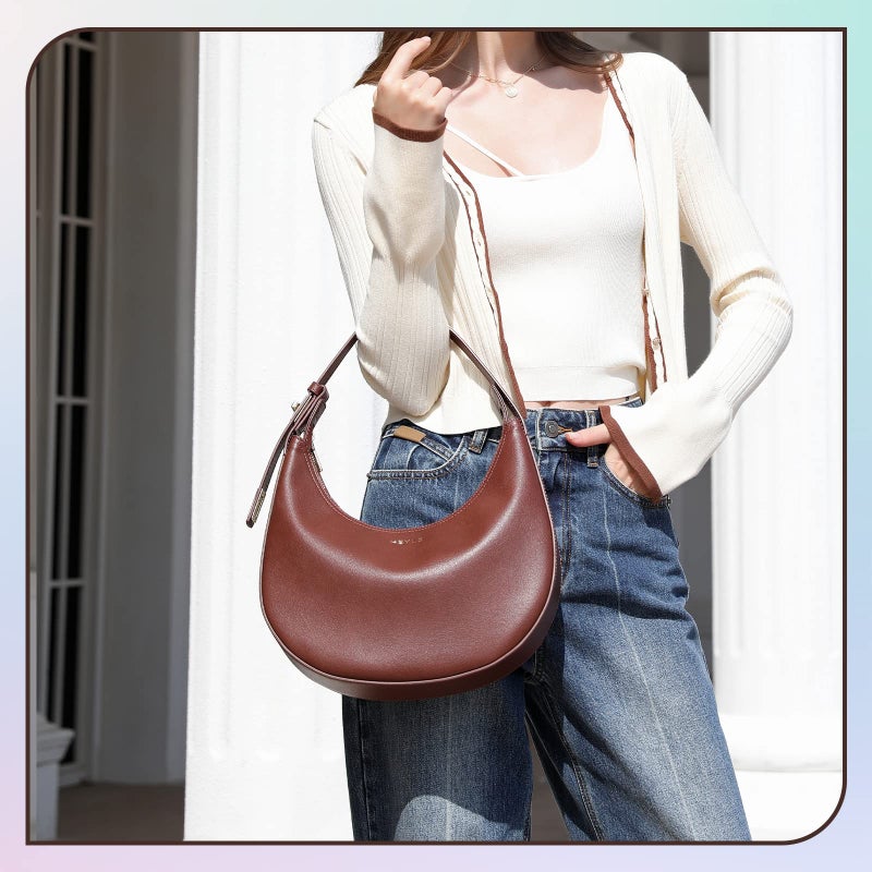 Keyli Women's Coffee Leather Small Clutch Handbag, Waterproof, Trendy Zipper Top, Adjustable Strap, 12 x 2.5 x 11 inches - Image 3