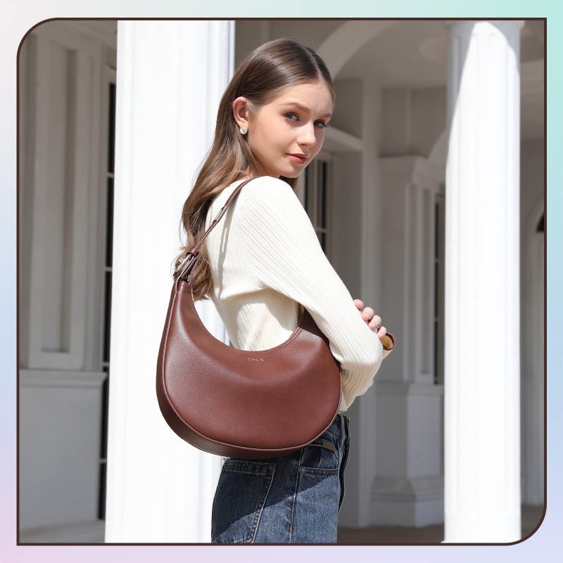 Keyli Women's Coffee Leather Small Clutch Handbag, Waterproof, Trendy Zipper Top, Adjustable Strap, 12 x 2.5 x 11 inches - Image 2