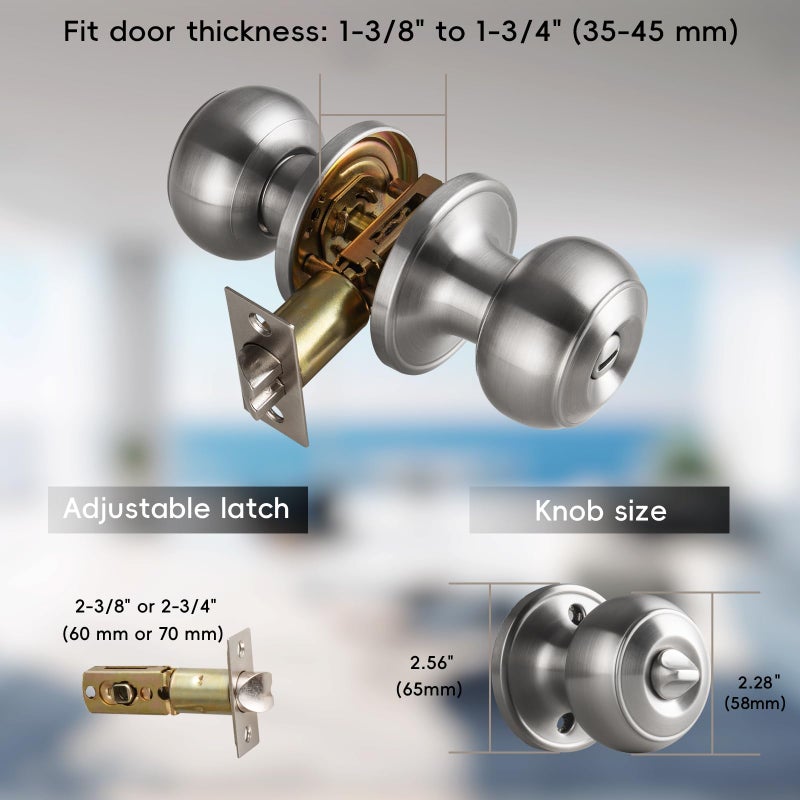 NCSEN Brushed Nickel Door Knobs Interior,Bath & Bed Privacy Door Knob, Keyless Door Lock Round Doorknobs - Image 4
