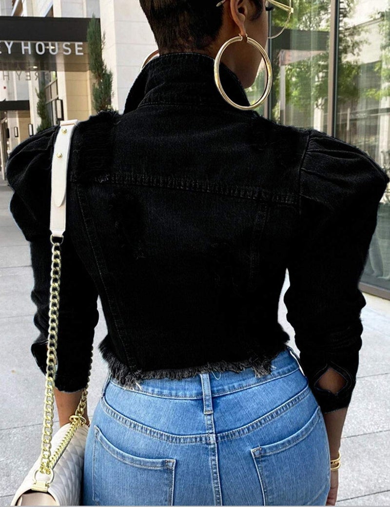 Omoone جاكيت جين مزين بأكمام منتفخة ممزقة للنساء من أومون (1676-أسود-XXL) - Image 2