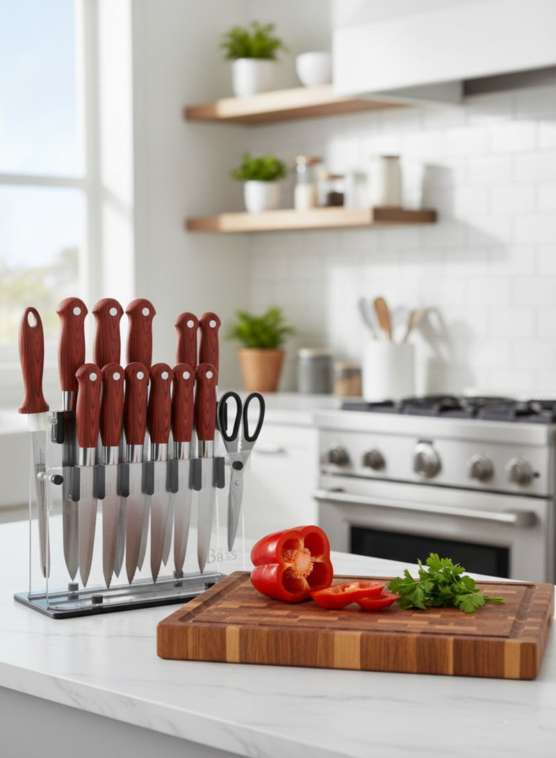 باصرة طقم سكاكين مطبخ 14 قطعة بمقبض خشبي الشكل مع قاعدة أكريليك شفافة – شفرات حادة متعددة الاستخدام لتقطيع اللحوم والخضروات والفواكه بسهولة وأناقة - Image 5