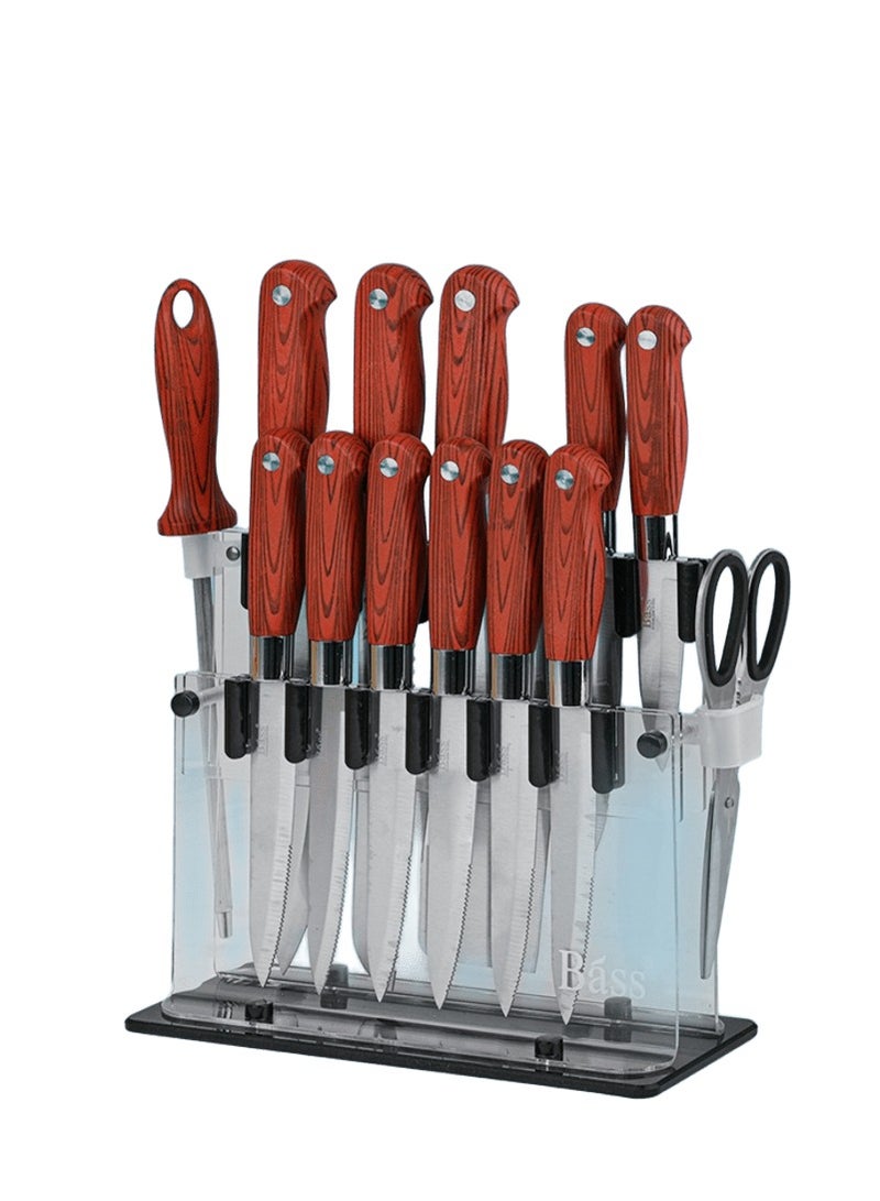باصرة طقم سكاكين مطبخ 14 قطعة بمقبض خشبي الشكل مع قاعدة أكريليك شفافة – شفرات حادة متعددة الاستخدام لتقطيع اللحوم والخضروات والفواكه بسهولة وأناقة - Image 3