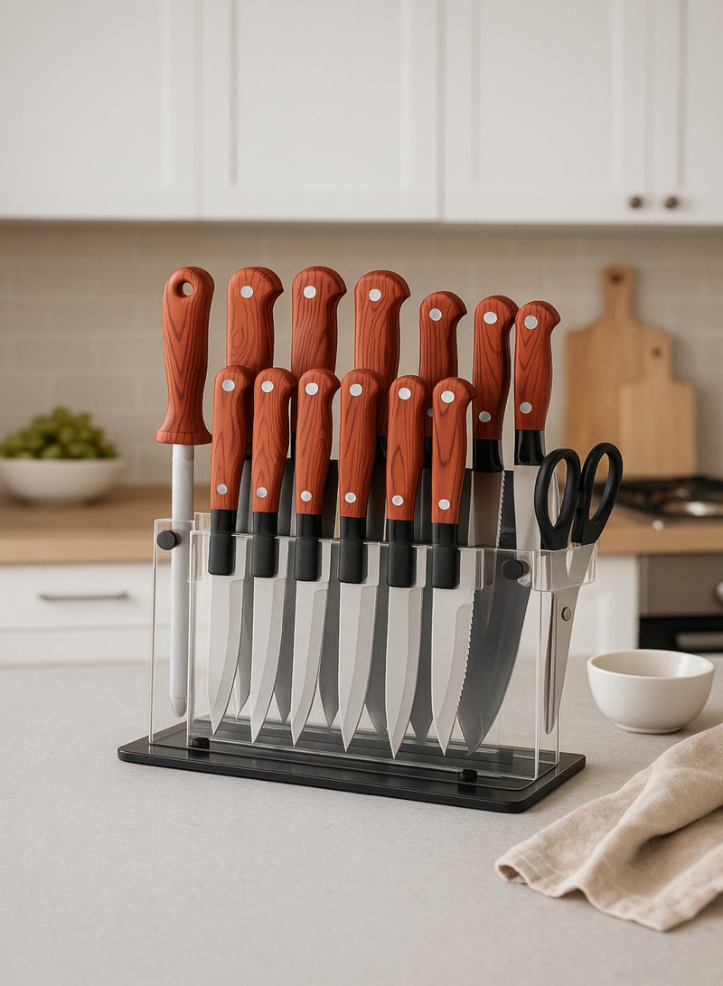 باصرة طقم سكاكين مطبخ 14 قطعة بمقبض خشبي الشكل مع قاعدة أكريليك شفافة – شفرات حادة متعددة الاستخدام لتقطيع اللحوم والخضروات والفواكه بسهولة وأناقة - Image 1