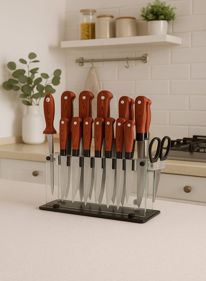 باصرة طقم سكاكين مطبخ 14 قطعة بمقبض خشبي الشكل مع قاعدة أكريليك شفافة – شفرات حادة متعددة الاستخدام لتقطيع اللحوم والخضروات والفواكه بسهولة وأناقة - Image 4