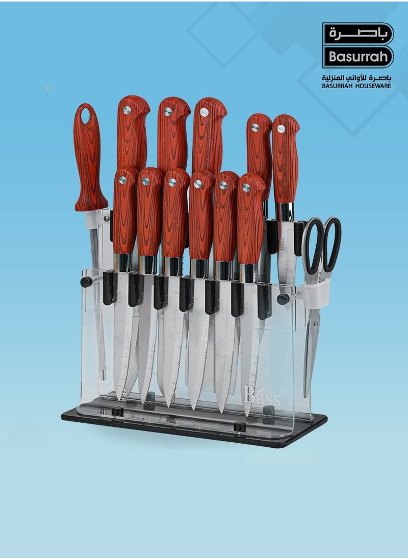 BASURRAH 14 Piece Wooden Kitchen Knife Set with Scissors and Stand  - Image 1