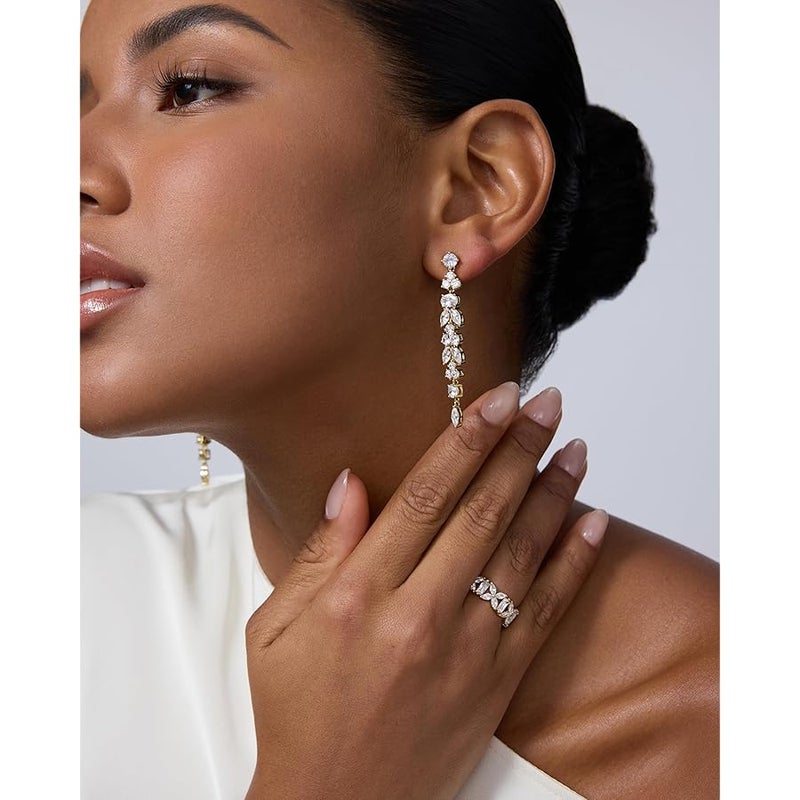 PAVOI 14K Gold Plated Cubic Zirconia Dangle Earrings for Women - Crystal Long Bridal Drop Earrings - Hypoallergenic Simulated Diamond Drop Dangle Wedding Jewelry for Brides and Bridesmaid - Image 4