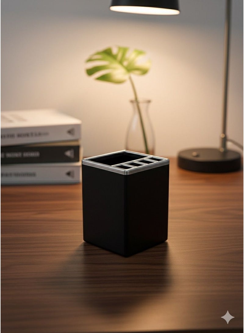 Elegant & Practical Multi-Compartment Desk Organizer – Black & Silver Pen Holder - Image 2