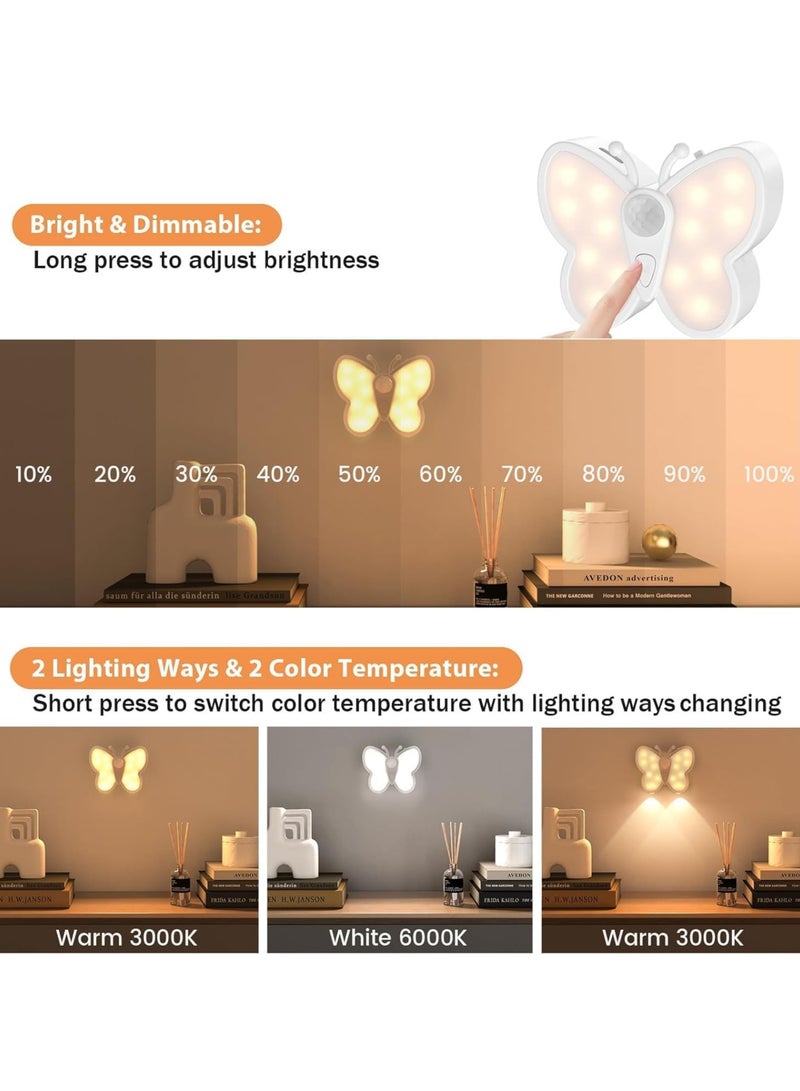 مصباح LED ليلي بحسّاس حركة - مجموعة 2 شحن، تصميم فراشة بتعديل السطوع ودرجتين لونية، إضاءة ذكية لغرف الأطفال والممرات والسلالم والحمامات - Image 3