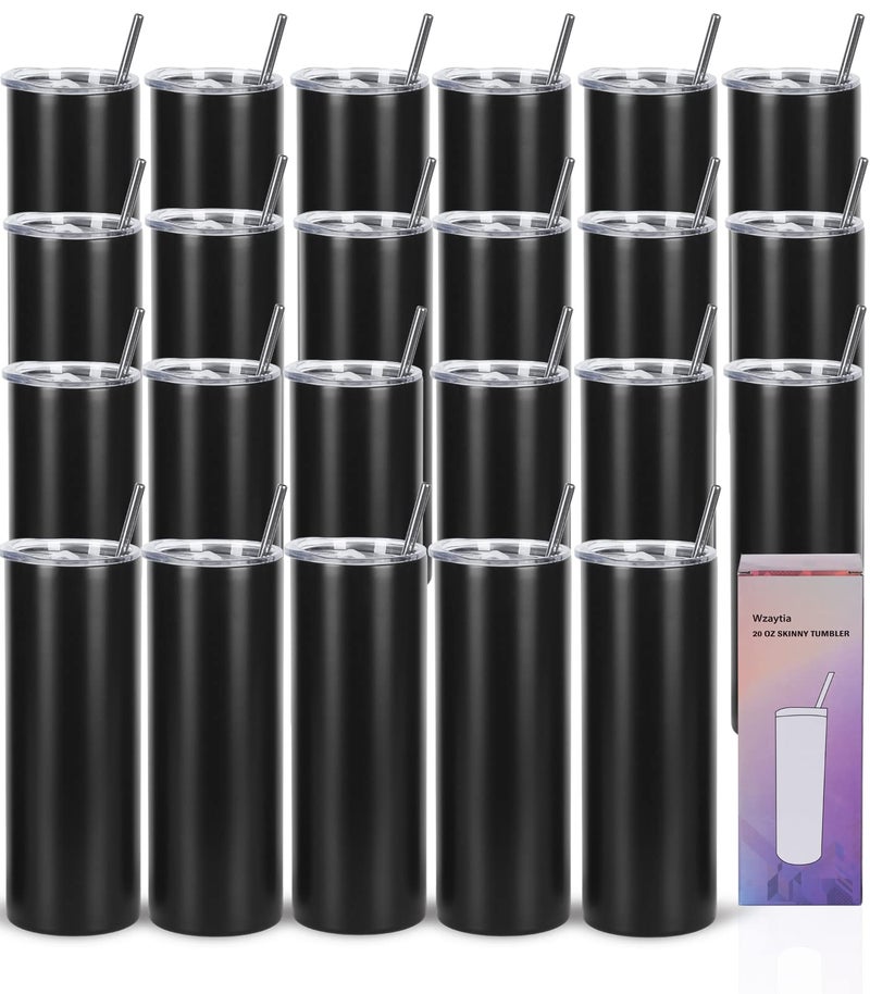 Wzaytia Wzaytia 24 Pack 20 Oz Straight Skinny TumblersIndividually Gift Boxed Stainless Steel Slim Skinny Tumbler Set Bulk 20 Oz Insulated Slim Thin Travel Tumbler Cup for Diy Black 
