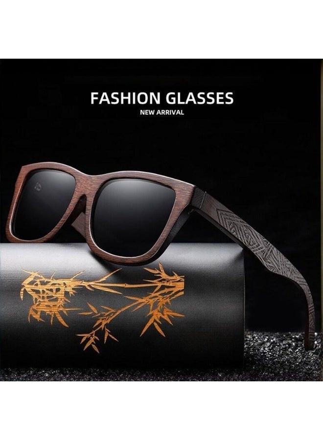 Wood Bamboo Polarized Sunglasses for Men Women, UV400 Protection with Patterned Temples & Spring Hinge - Image 1