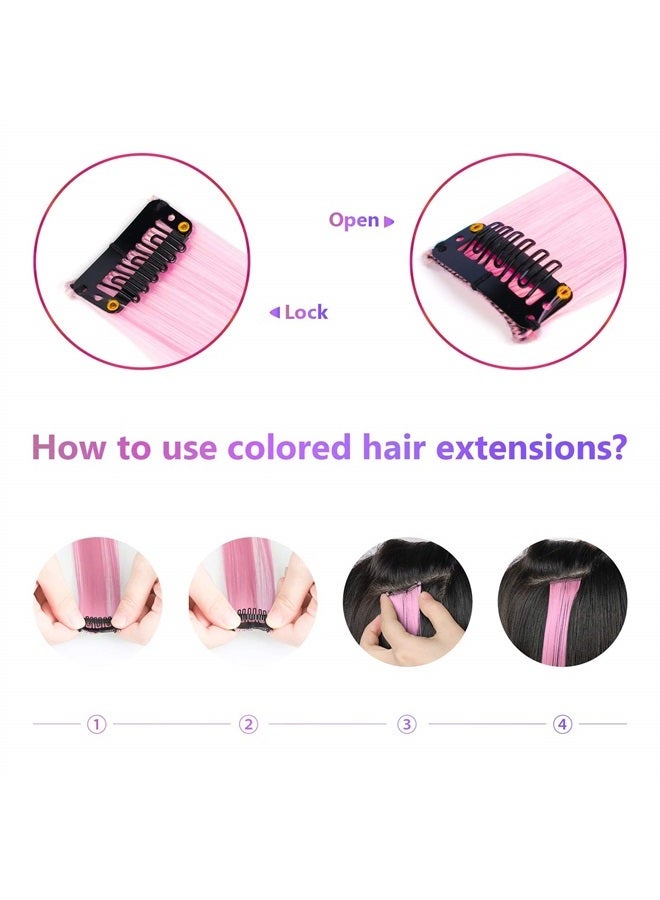 Tofafa 22 Inch Colored Hair Extensions, Multi-colors Party Highlights Clip in Synthetic Hair Extensions (10 PCS Light Pink) - Image 4