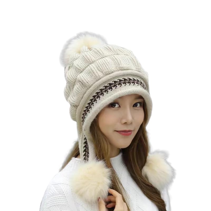 XYX Winter Warm Elastic Soft Ear Protection Knitted Sherpa Ski Hats Fleece Lined Peruvian Cover Ears Beanie Hat (US, Alpha, One Size, H1-Beige) - Image 1
