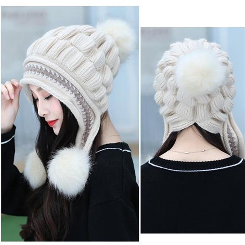 XYX Winter Warm Elastic Soft Ear Protection Knitted Sherpa Ski Hats Fleece Lined Peruvian Cover Ears Beanie Hat (US, Alpha, One Size, H1-Beige) - Image 2