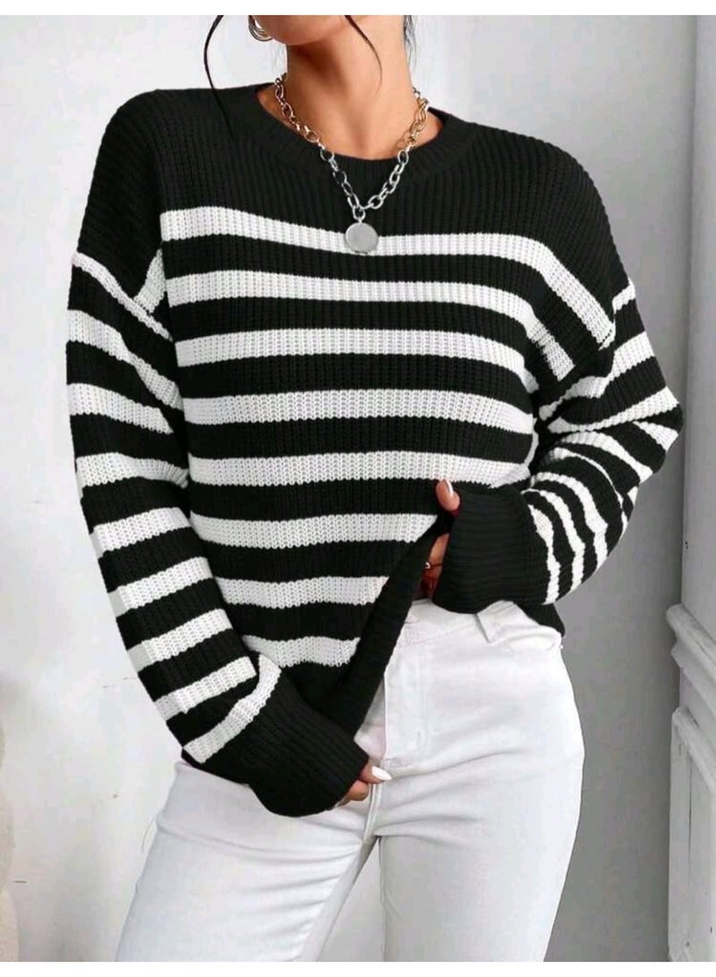 SHEIN Women's Casual Striped Round Neck Drop Shoulder Long Sleeve PULLOVER - Image 1