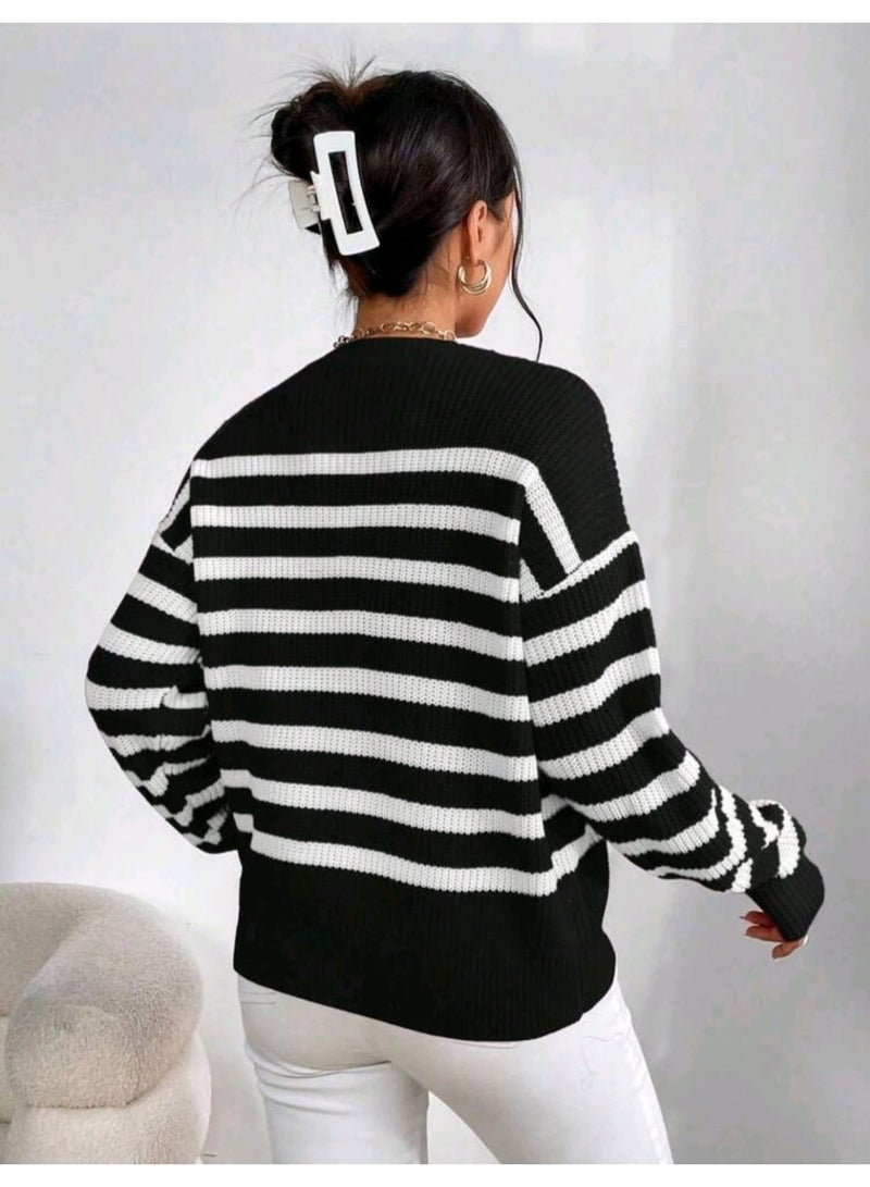 SHEIN Women's Casual Striped Round Neck Drop Shoulder Long Sleeve PULLOVER - Image 3