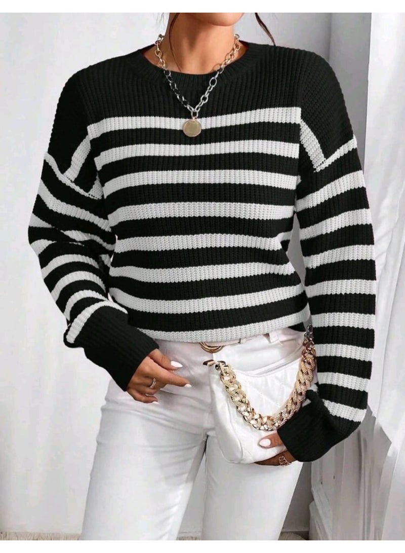 SHEIN Women's Casual Striped Round Neck Drop Shoulder Long Sleeve PULLOVER - Image 4