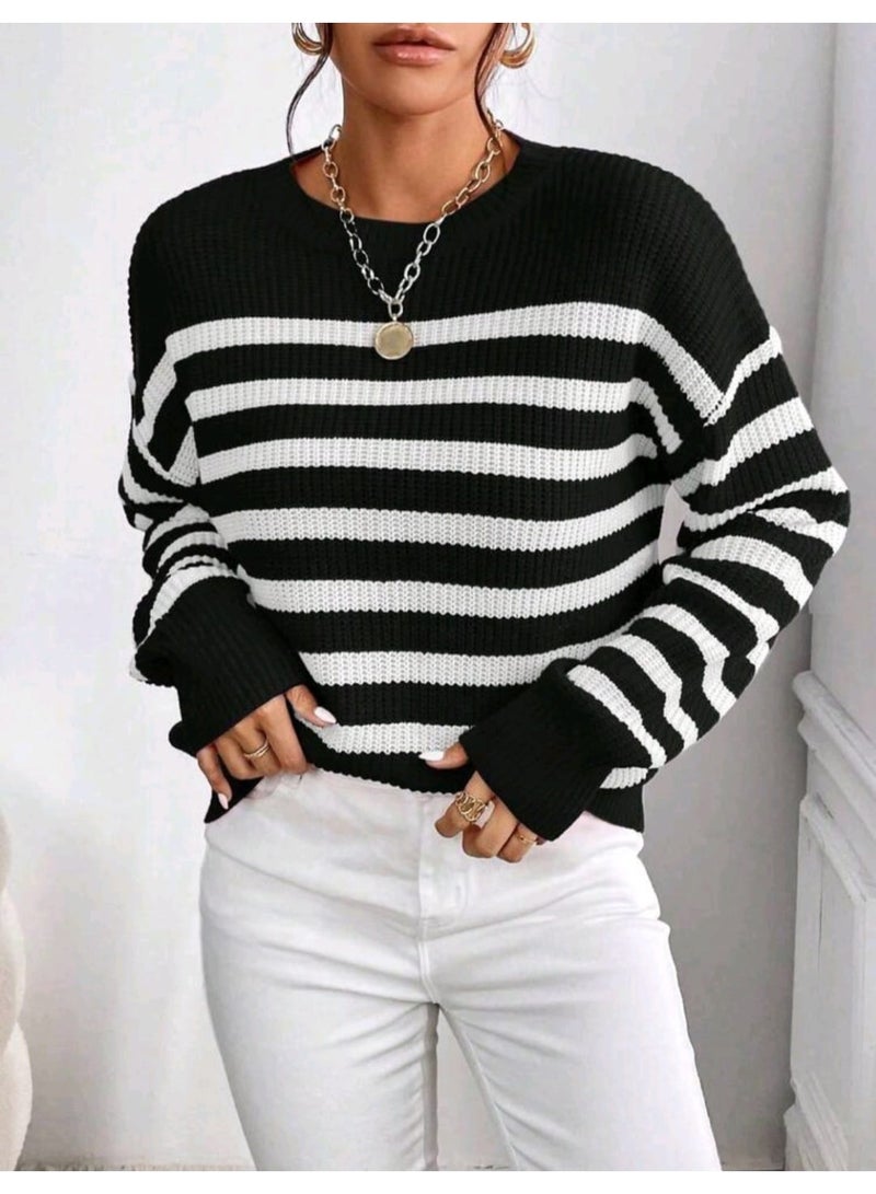 SHEIN Women's Casual Striped Round Neck Drop Shoulder Long Sleeve PULLOVER - Image 5