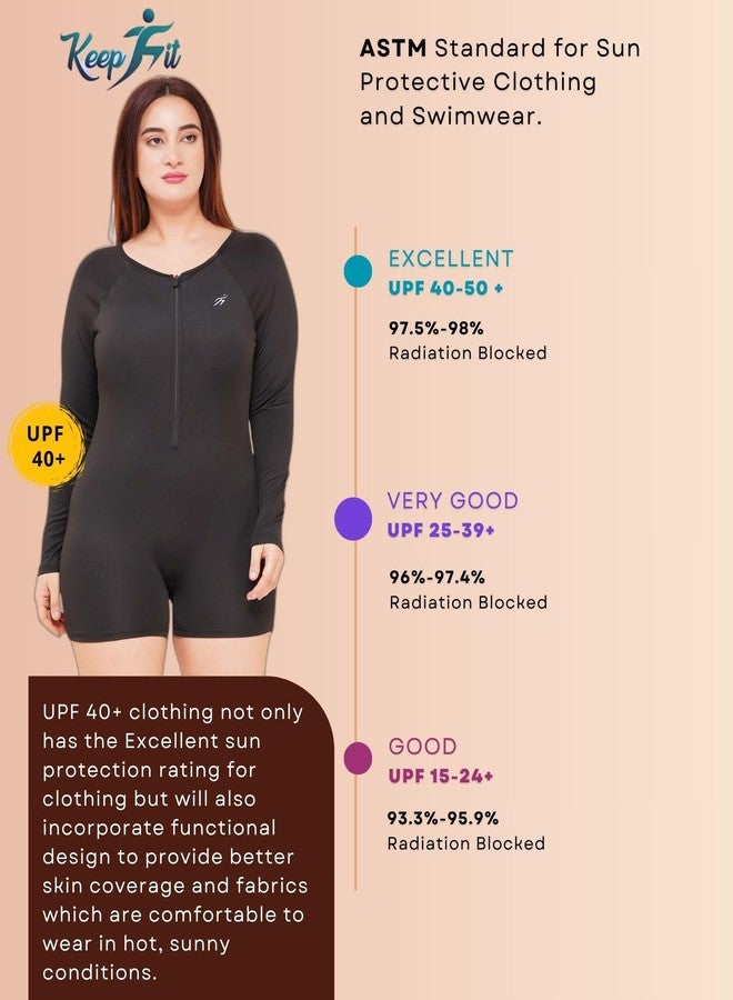 كيب فيت بدلة سباحة نسائية من قطعة واحدة بأكمام طويلة ومقاسات كبيرة من Keepfit، مزودة بسحاب أمامي، لون أسود - Image 3