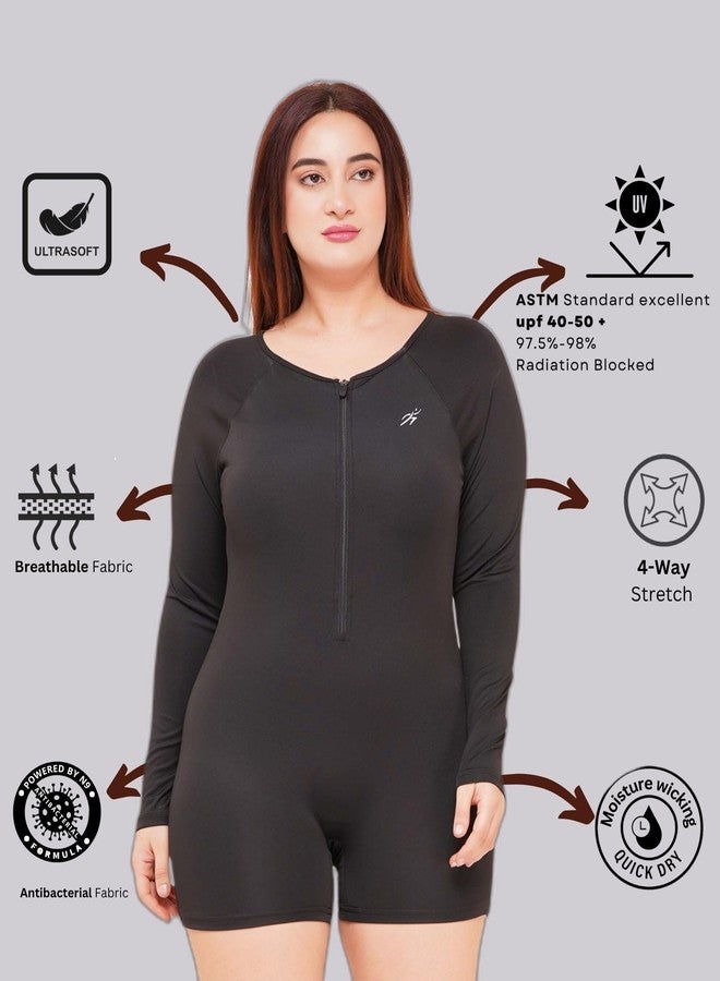 كيب فيت بدلة سباحة نسائية من قطعة واحدة بأكمام طويلة ومقاسات كبيرة من Keepfit، مزودة بسحاب أمامي، لون أسود - Image 4
