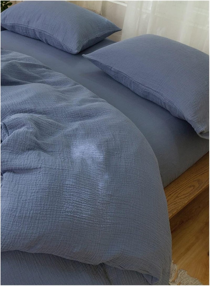 Three-Layer Yarn Cotton Four-Piece Gauze Soft Breathable Bare Sleeping Skin-Friendly Bed Sheet Quilt Cover Home Textile(Smoke Blue,1.8 m bed-41) - Image 2