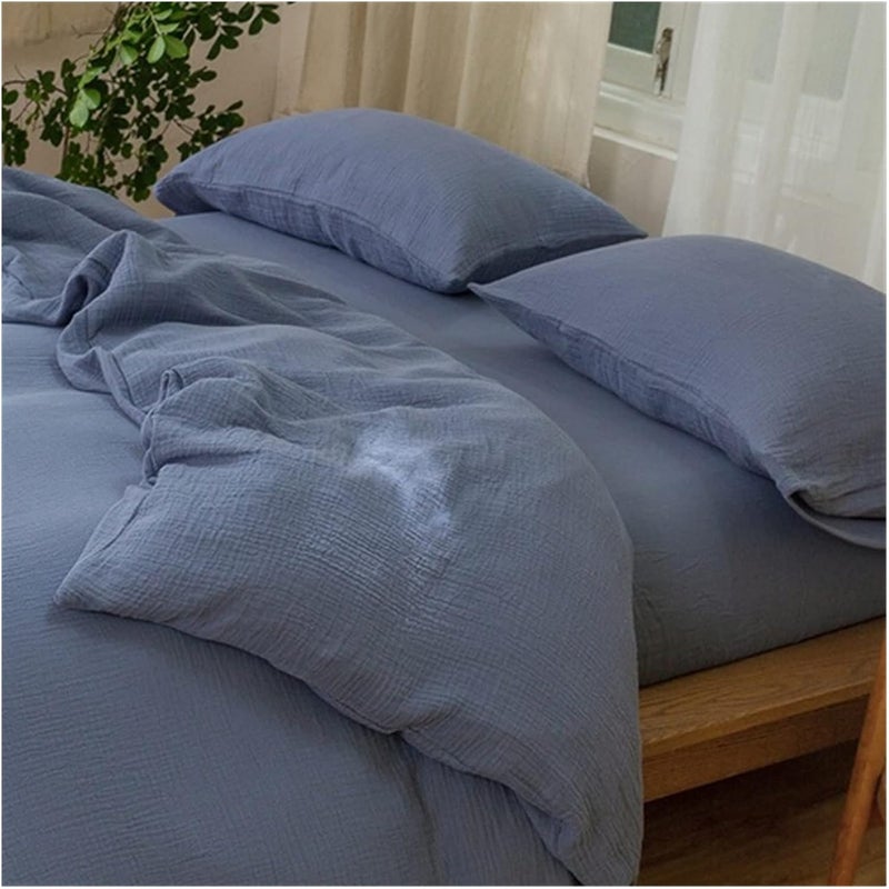 Three-Layer Yarn Cotton Four-Piece Gauze Soft Breathable Bare Sleeping Skin-Friendly Bed Sheet Quilt Cover Home Textile(Smoke Blue,1.8 m bed-41) - Image 1