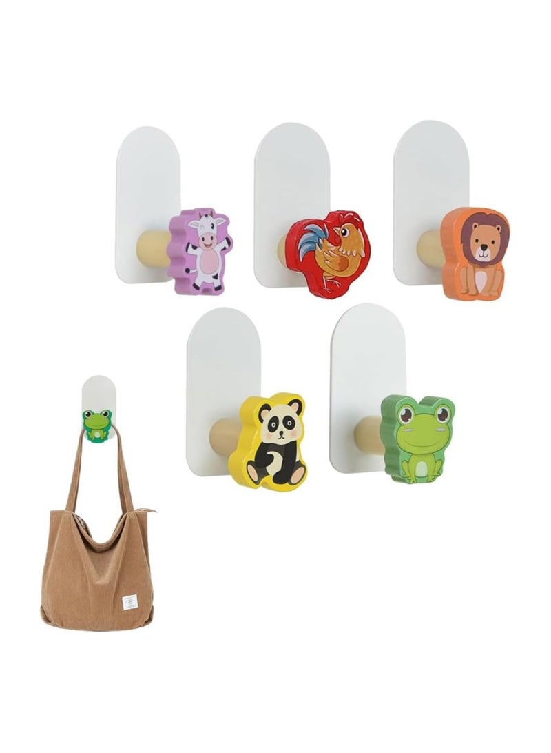 عام خطافات معاطف وقبعات للأطفال، 5 قطع خطافات كرتونية ذاتية اللصق، خطافات خشبية لطيفة على شكل حيوان مبتكر لغرفة نوم الأطفال في غرفة الأطفال - Image 1