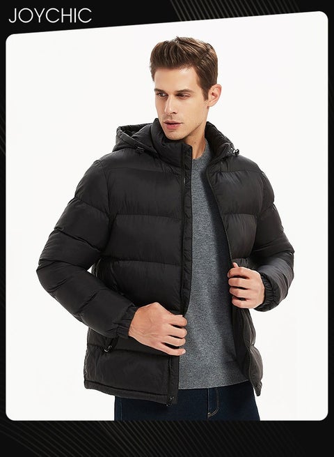 Men Down Jackets & Coats Lightweight Light Full Zip Up Puffy Puff Bubble Insulated Winter Warm Hooded Coat Outdoor Travel Slim Fit Puffer Jacket with Hood Black