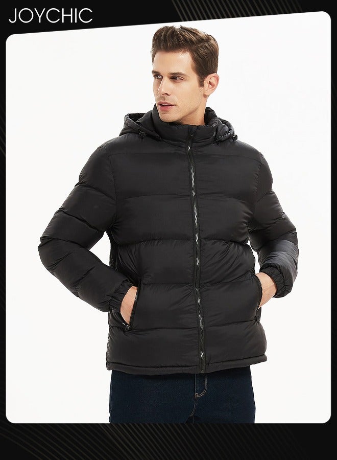 Joychic Men Down Jackets & Coats Lightweight Light Full Zip Up Puffy Puff Bubble Insulated Winter Warm Hooded Coat Outdoor Travel Slim Fit Puffer Jacket with Hood Black - Image 3