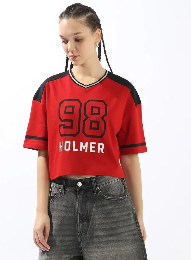 هوبرهولمي تيشيرت نسائي قطن 1% بطبعة ملونة بقصة بوكسي