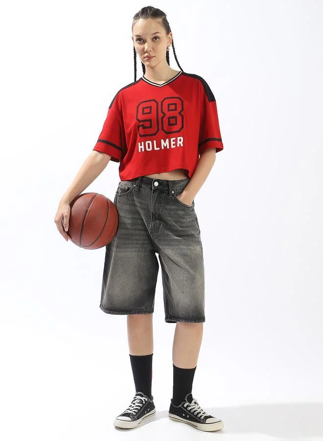 هوبرهولمي تيشيرت نسائي قطن 1% بطبعة ملونة بقصة بوكسي