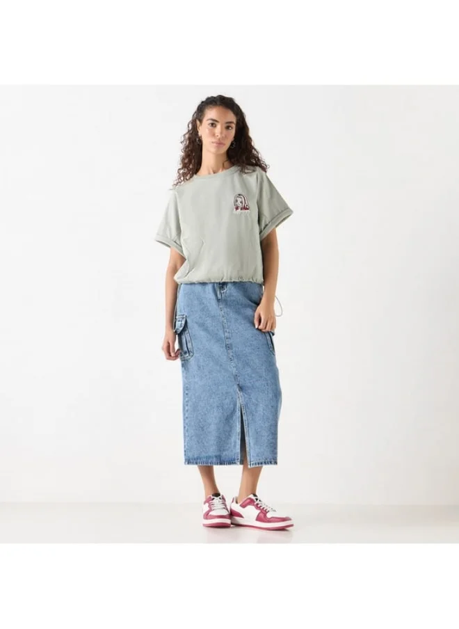SP Characters Sakura Haruno Embroidered T-shirt with Crew Neck and Extended Sleeves