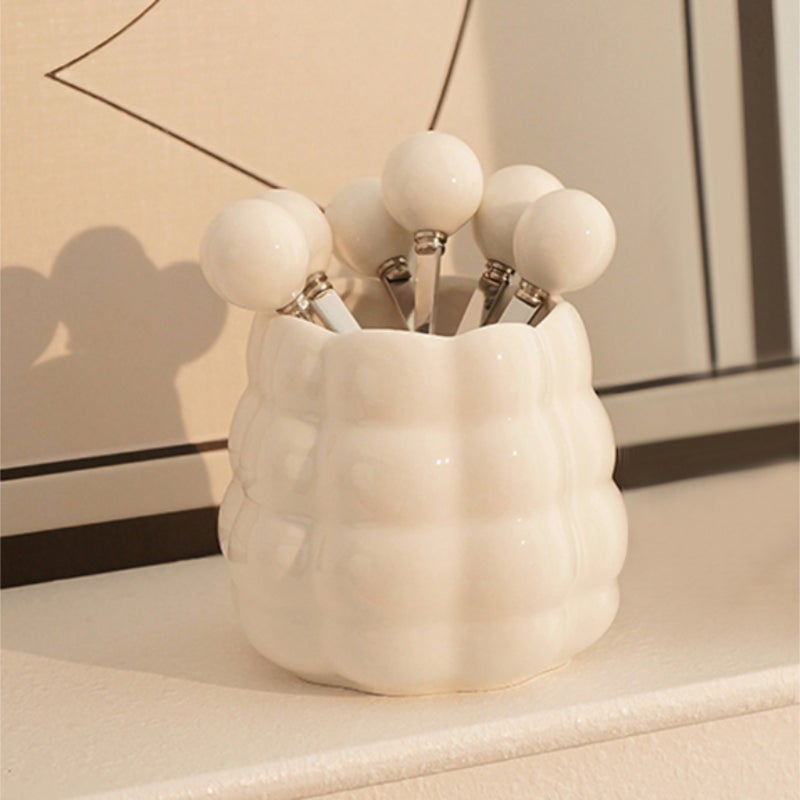Cream style ceramic pearl fruit fork set  white