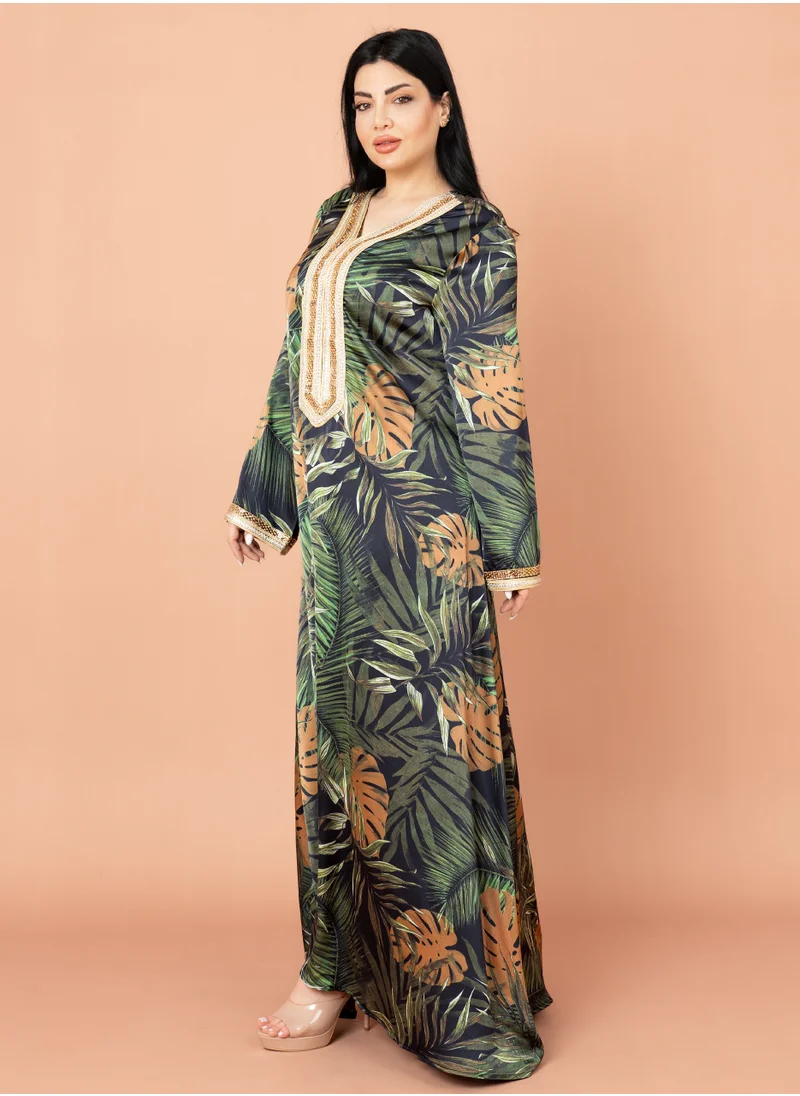 IKKXA Leaves Pattern Embroidered Jalabiya IK2011 Green