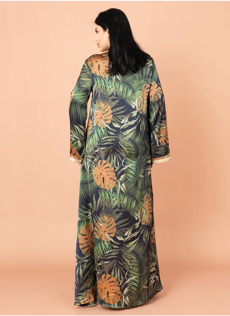 IKKXA Leaves Pattern Embroidered Jalabiya IK2011 Green